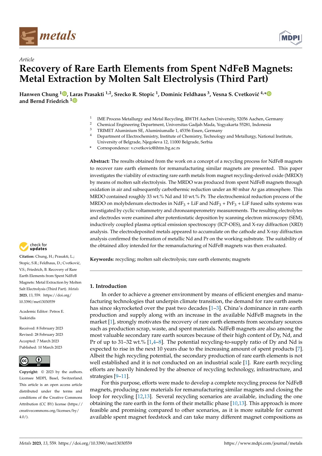 First page of Recovery of Rare Earth Elements from Spent NdFeB Magnets: Metal Extraction by Molten Salt Electrolysis (Third Part)
