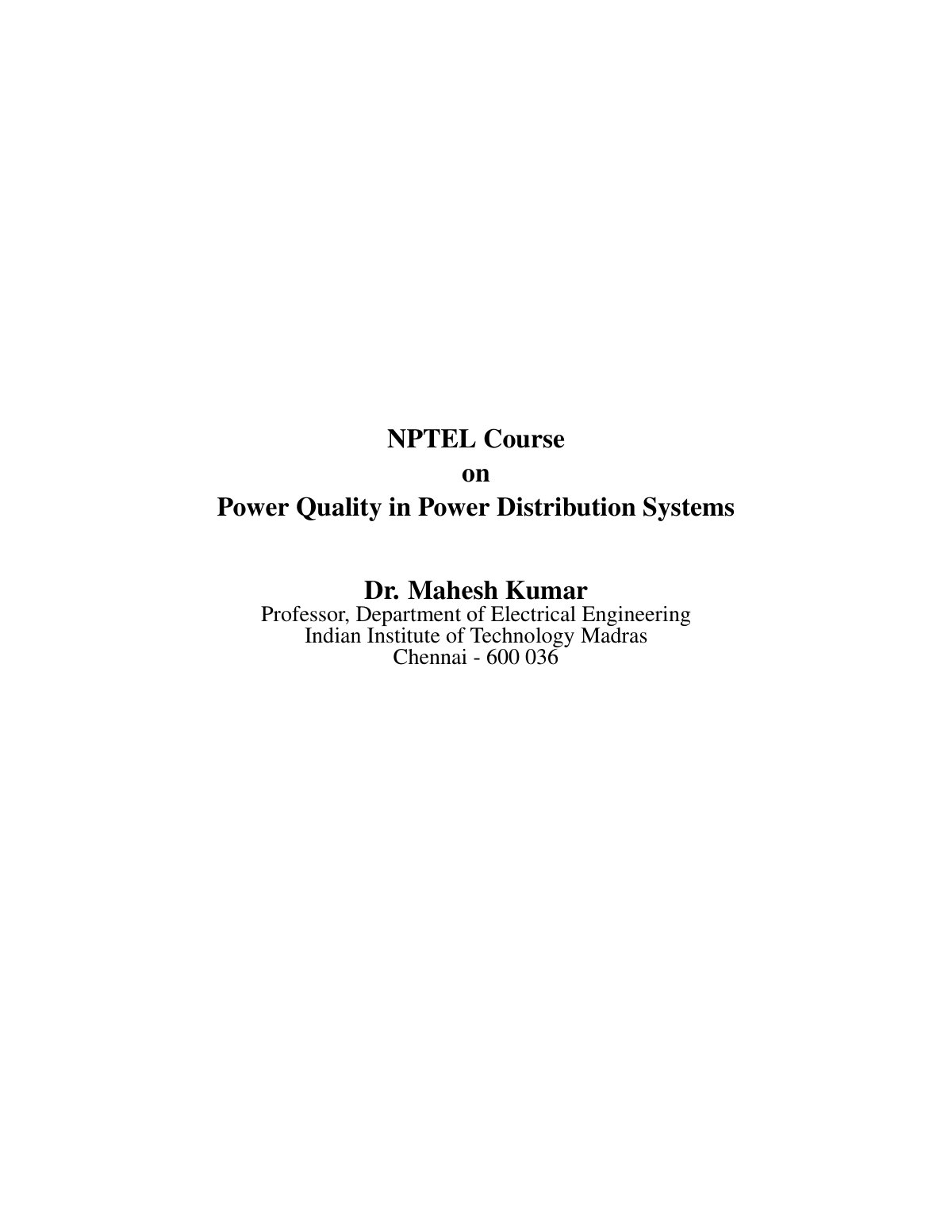 First page of NPTEL Course on Power Quality in Power Distribution Systems