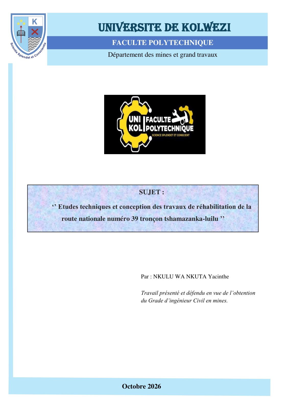 First page of Etudes techniques et conception des travaux de réhabilitation de la route nationale numéro 39 tronçon tshamazanka-luilu