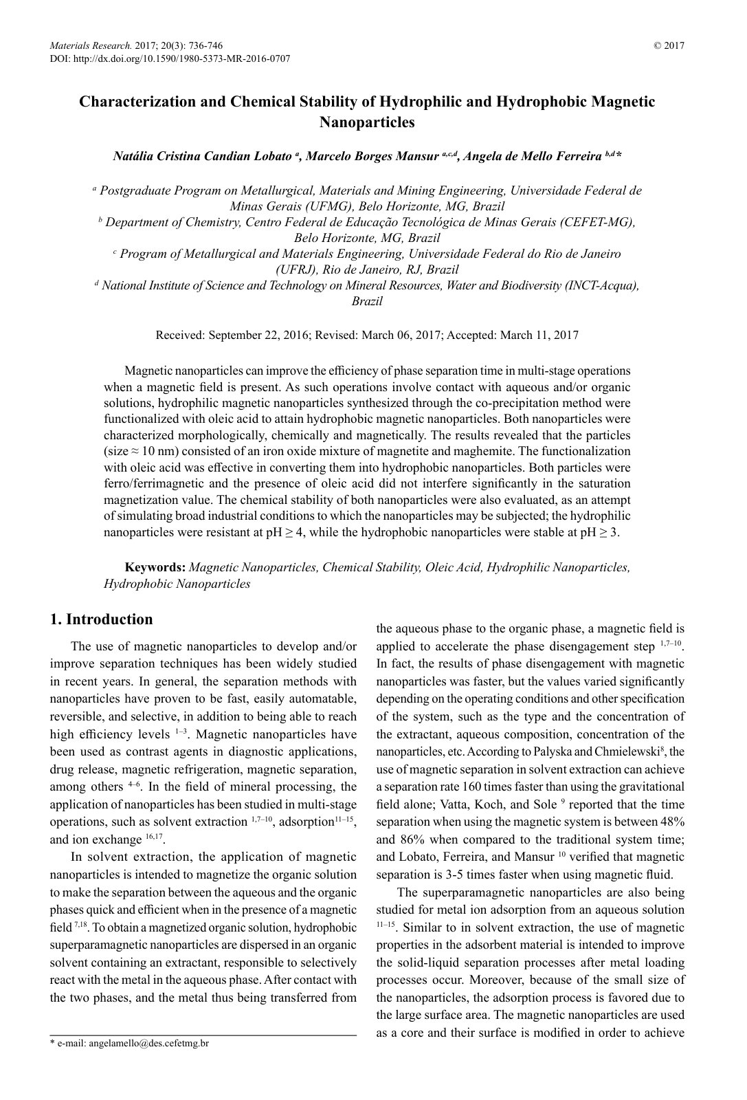 First page of Characterization and Chemical Stability of Hydrophilic and Hydrophobic Magnetic Nanoparticles