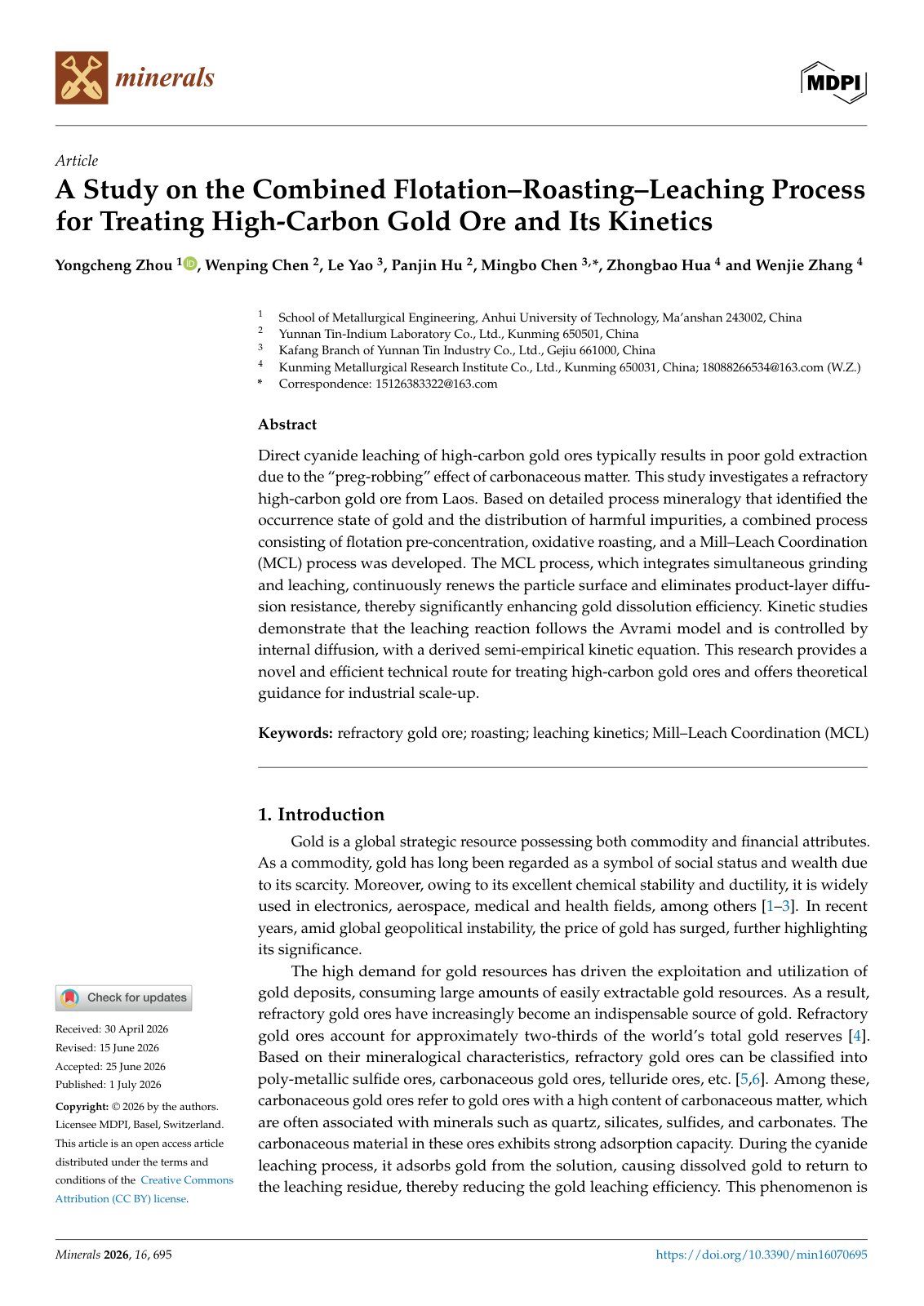 First page of A Study on the Combined Flotation–Roasting–Leaching Process for Treating High-Carbon Gold Ore and Its Kinetics