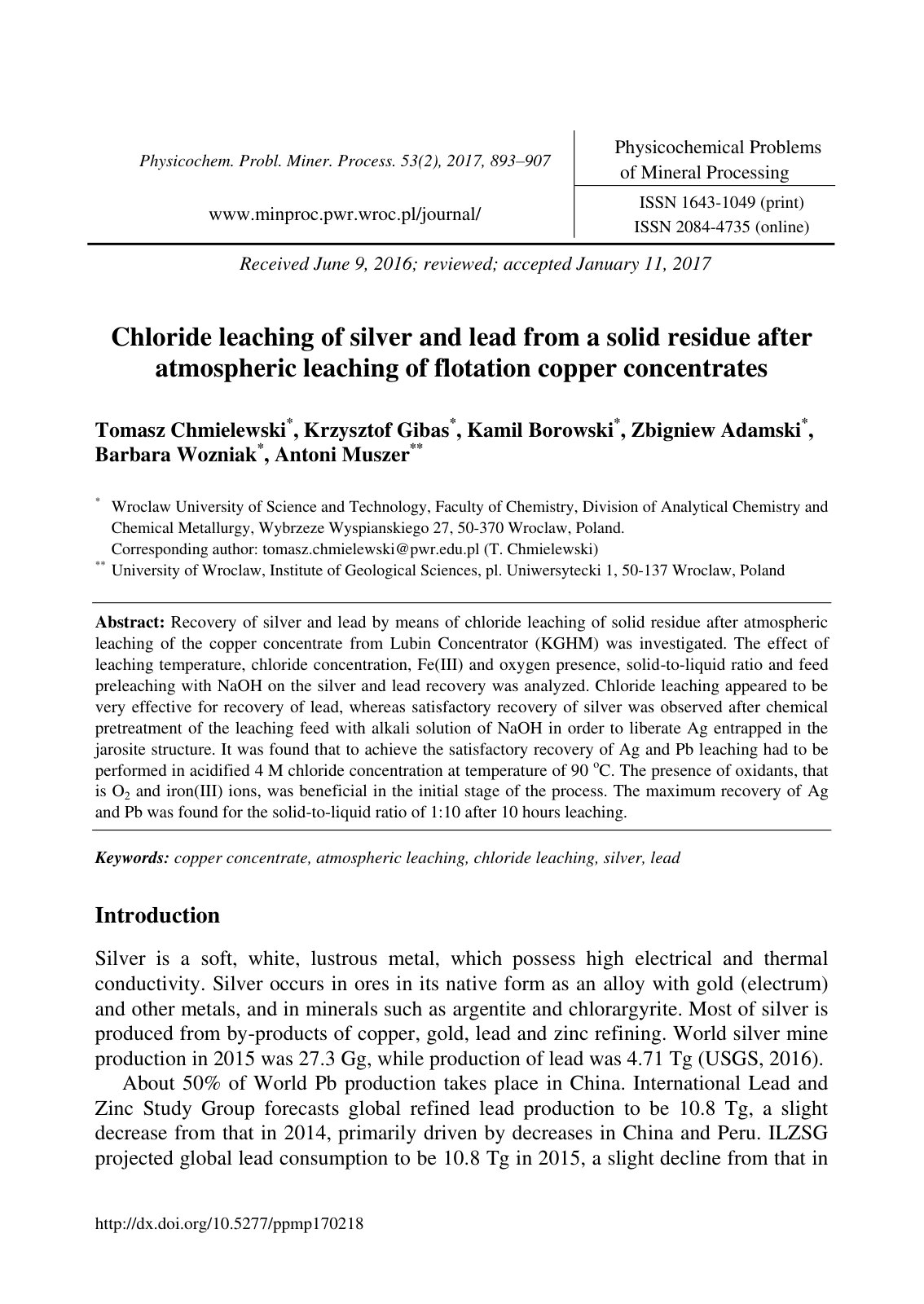 First page of Chloride leaching of silver and lead from a solid residue after atmospheric leaching of flotation copper concentrates