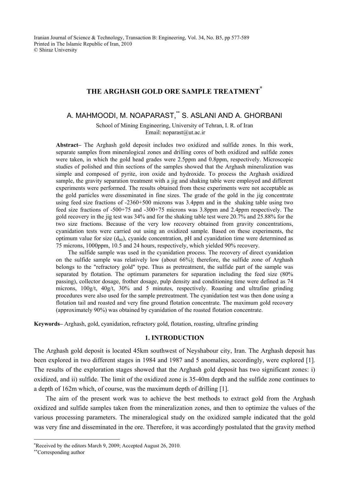 First page of The arghash gold ore sample treatment