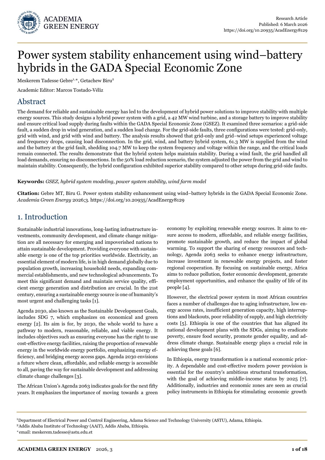 First page of Power system stability enhancement using wind–battery hybrids in the GADA Special Economic Zone