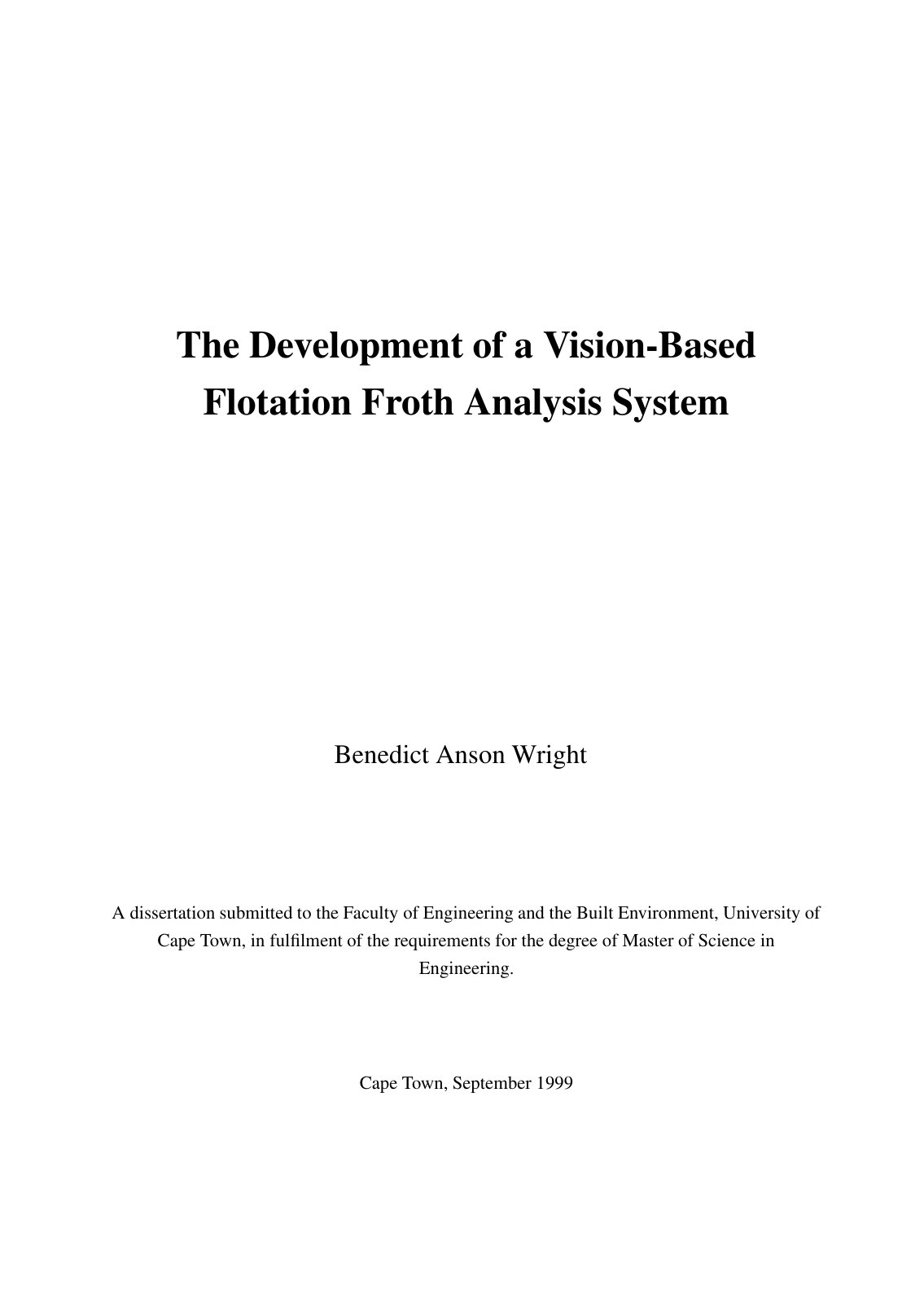 First page of The Development of a Vision Based Flotation Froth Analysis System