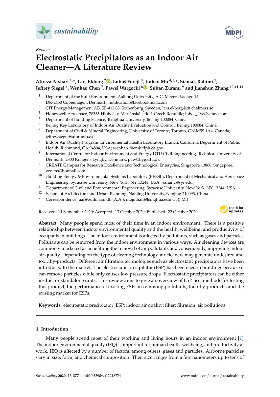 First page of Electrostatic Precipitators as an Indoor Air Cleaner—A Literature Review