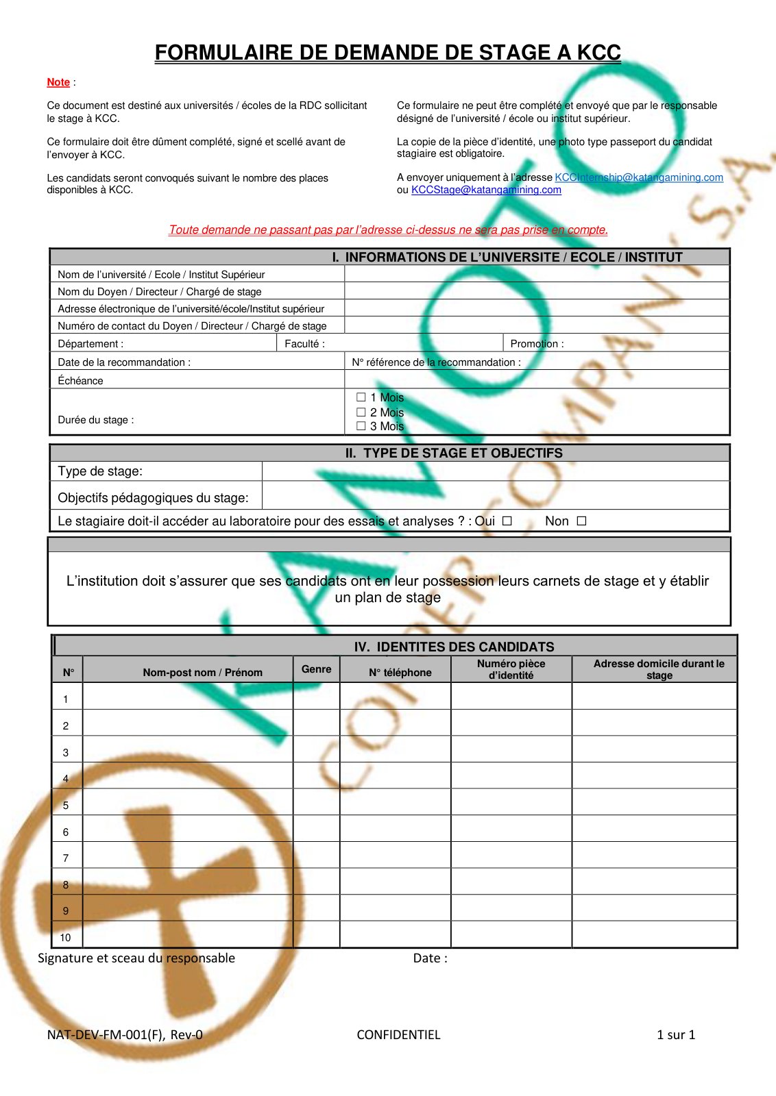 First page of 713483591 Nat Dev fm 001 f Rev 0 Formulaire de Demande de Stage a Kcc 9 1 1 2