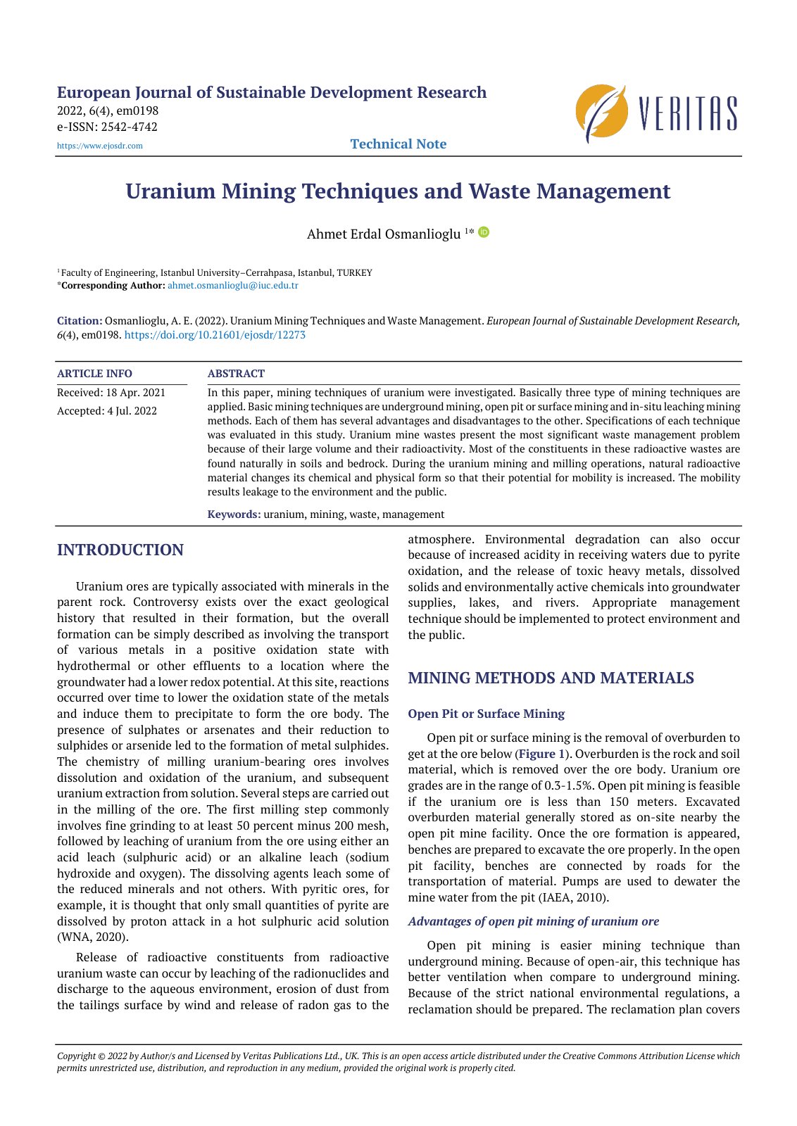 First page of Uranium Mining Techniques and Waste Mana
