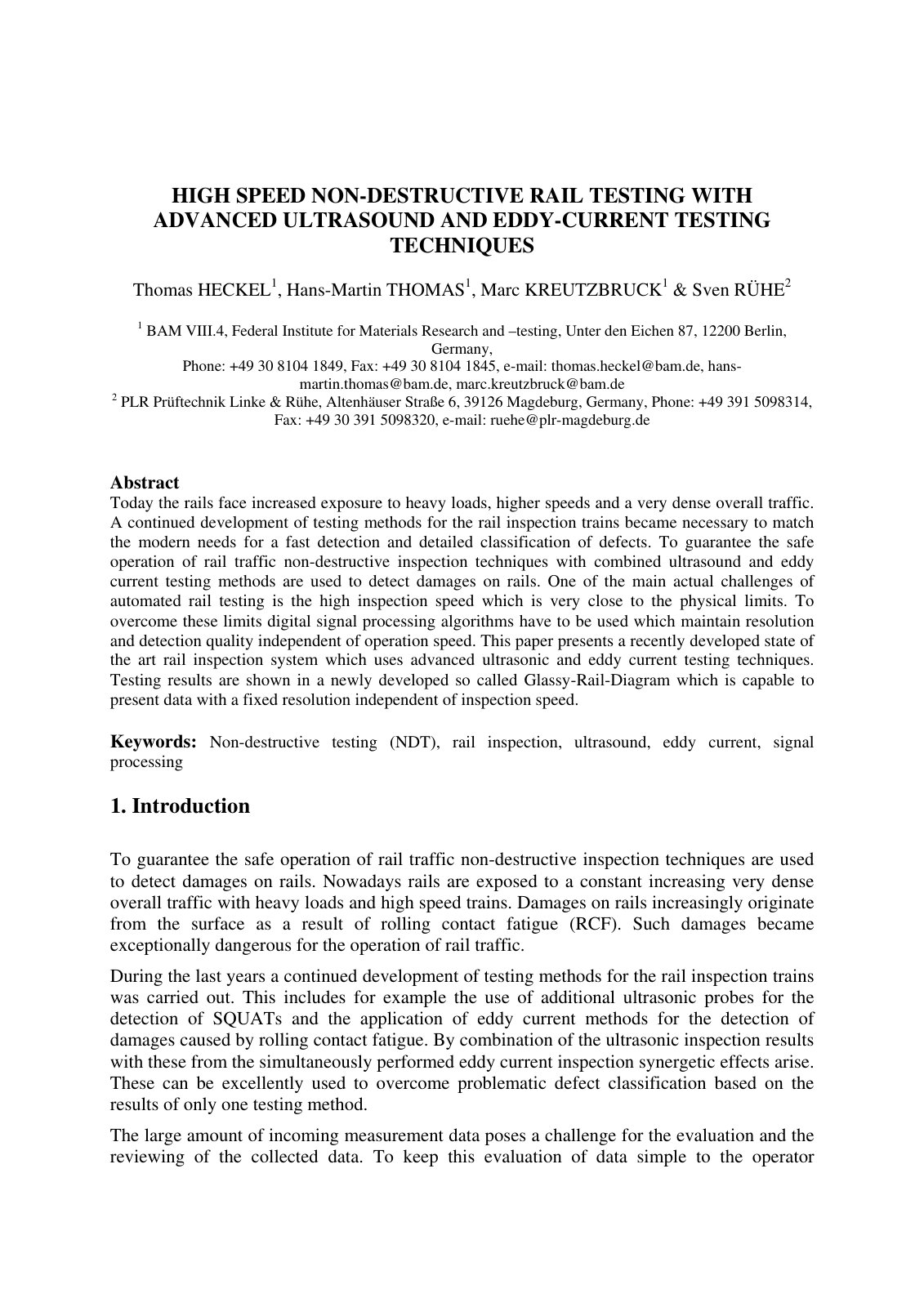 First page of HIGH SPEED NON-DESTRUCTIVE RAIL TESTING WITH ADVANCED ULTRASOUND AND EDDY-CURRENT TESTING TECHNIQUES