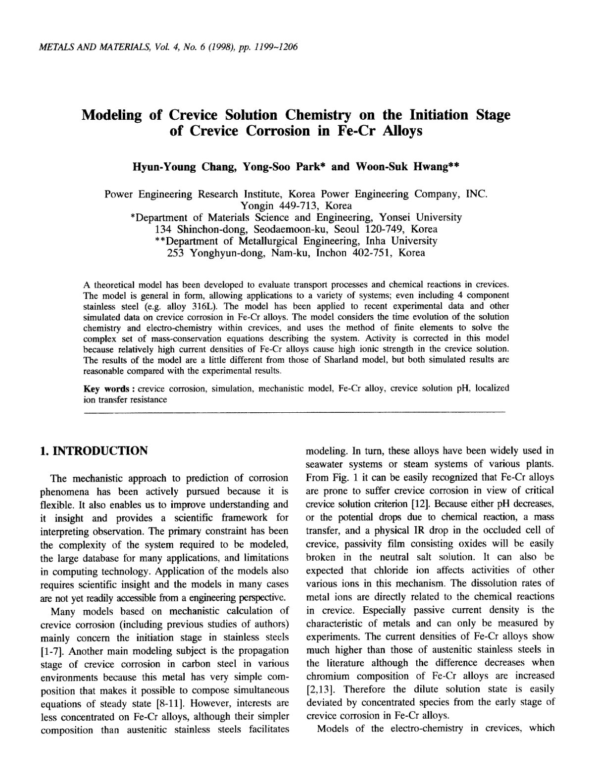 First page of Modeling of Crevice Solution Chemistry on the Initiation Stage of Crevice Corrosion in Fe-Cr Alloys