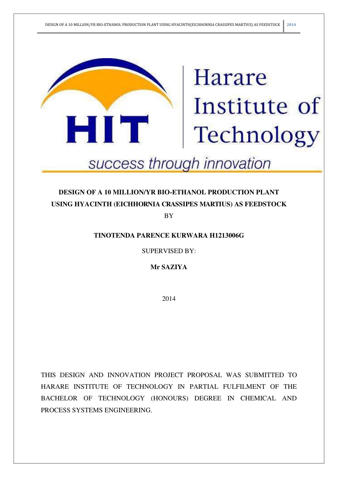 First page of DESIGN OF A 10 MILLION Litres YR BIO ETH