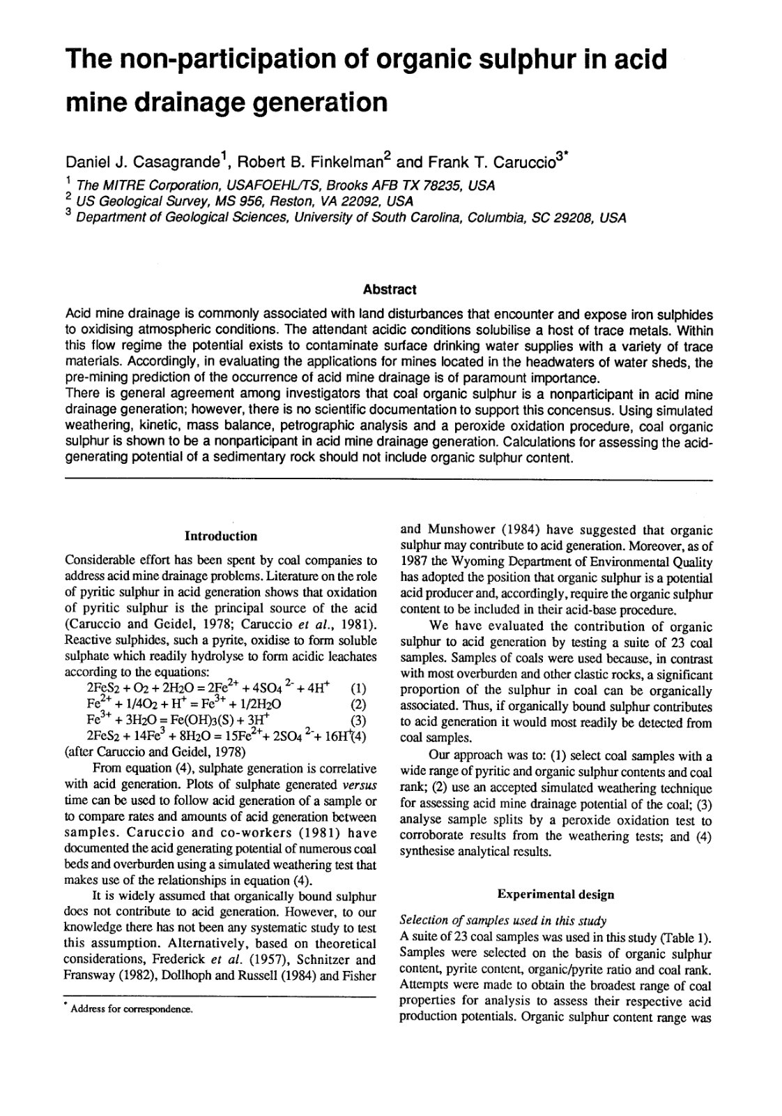 First page of The non-participation of organic sulphur in acid mine drainage generation