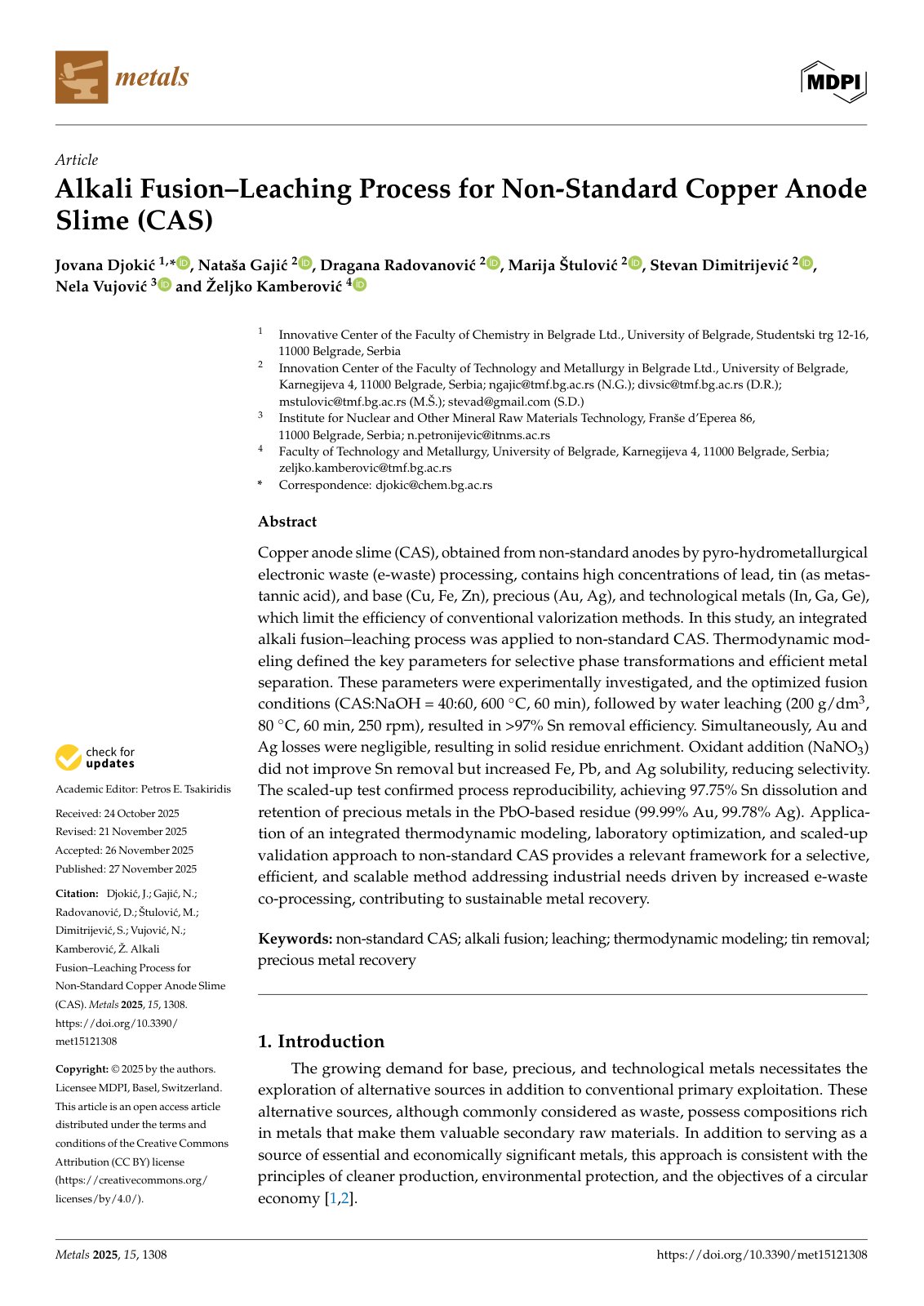 First page of Alkali Fusion–Leaching Process for Non-Standard Copper Anode Slime (CAS)