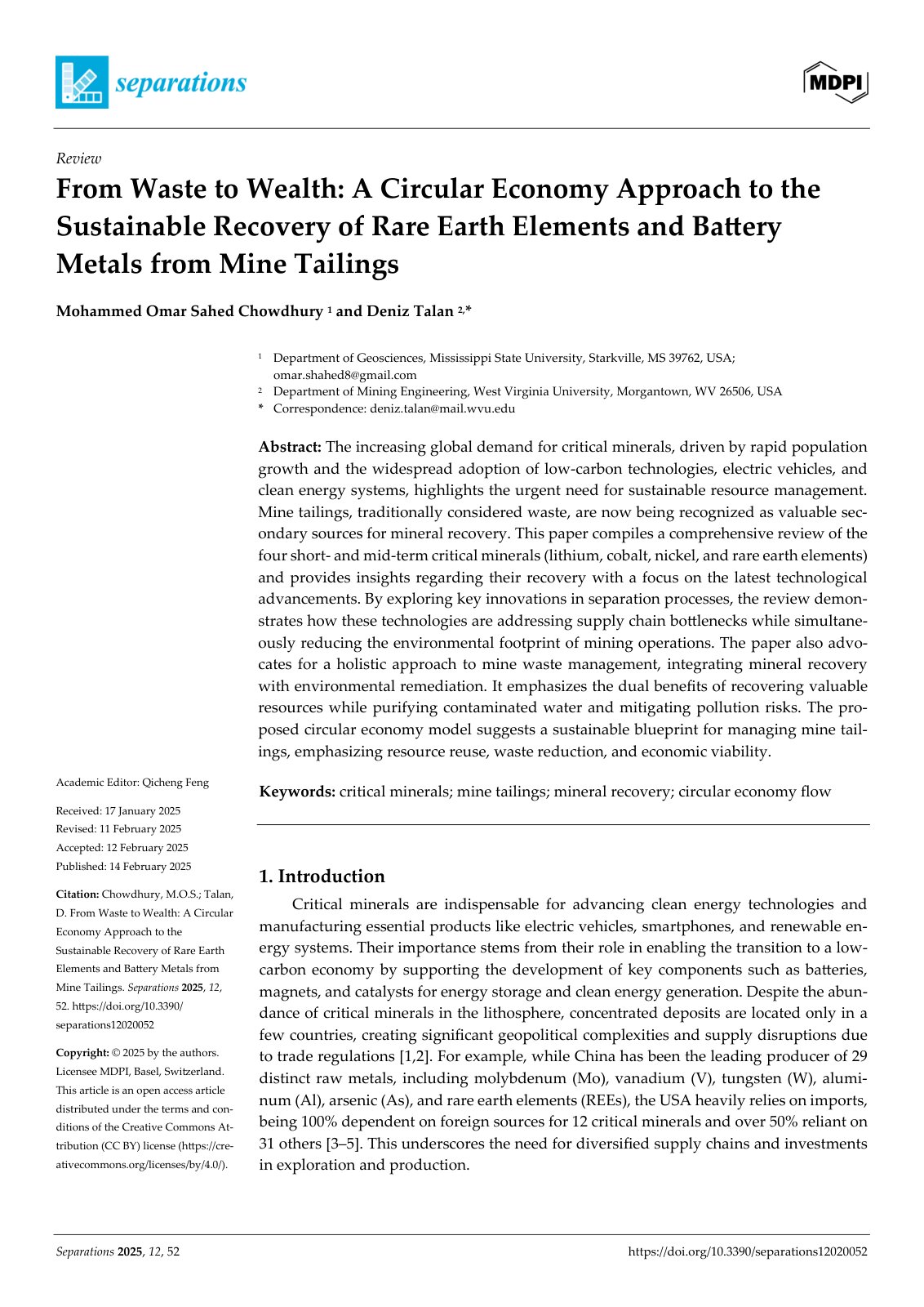 First page of From Waste to Wealth: A Circular Economy Approach to the Sustainable Recovery of Rare Earth Elements and Battery Metals from Mine Tailings