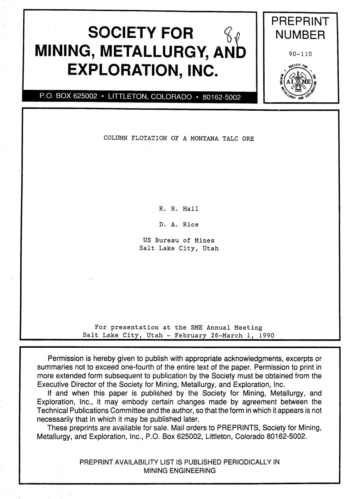 First page of COLUMN FLOTATION OF A MONTANA TALC ORE