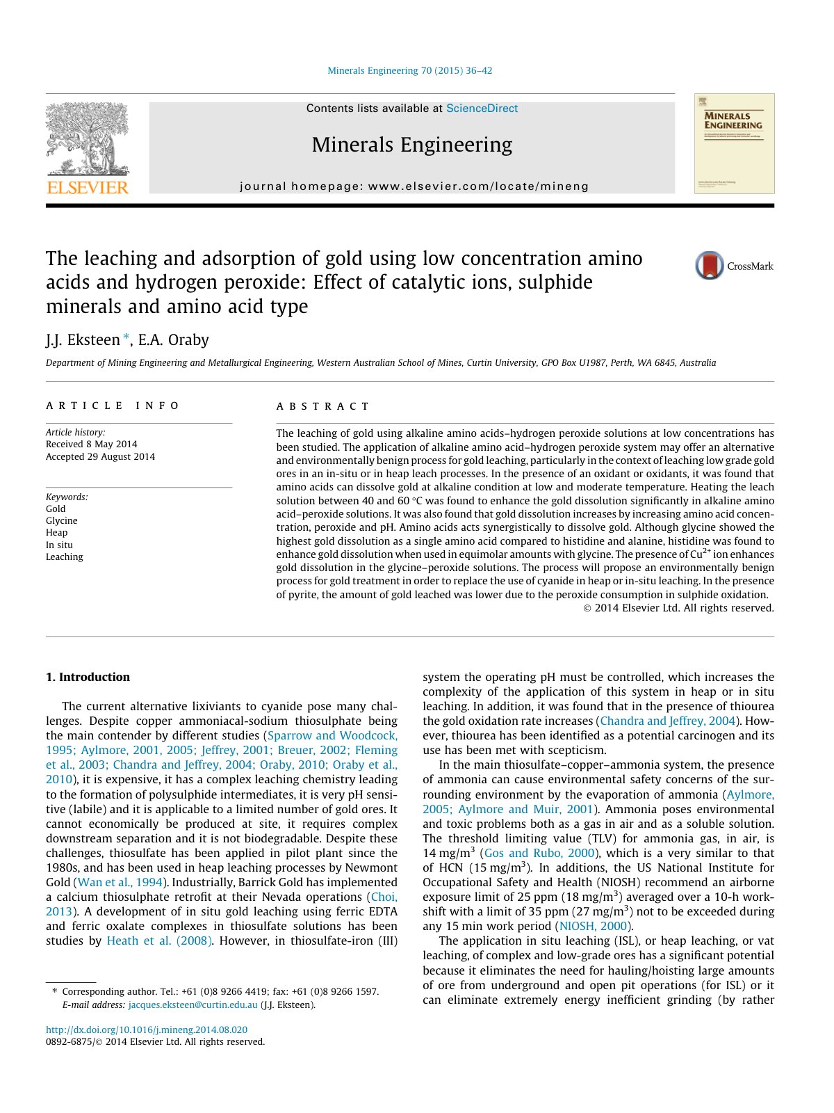 First page of The leaching and adsorption of gold using low concentration amino acids and hydrogen peroxide: Effect of catalytic ions, sulphide minerals and amino acid type