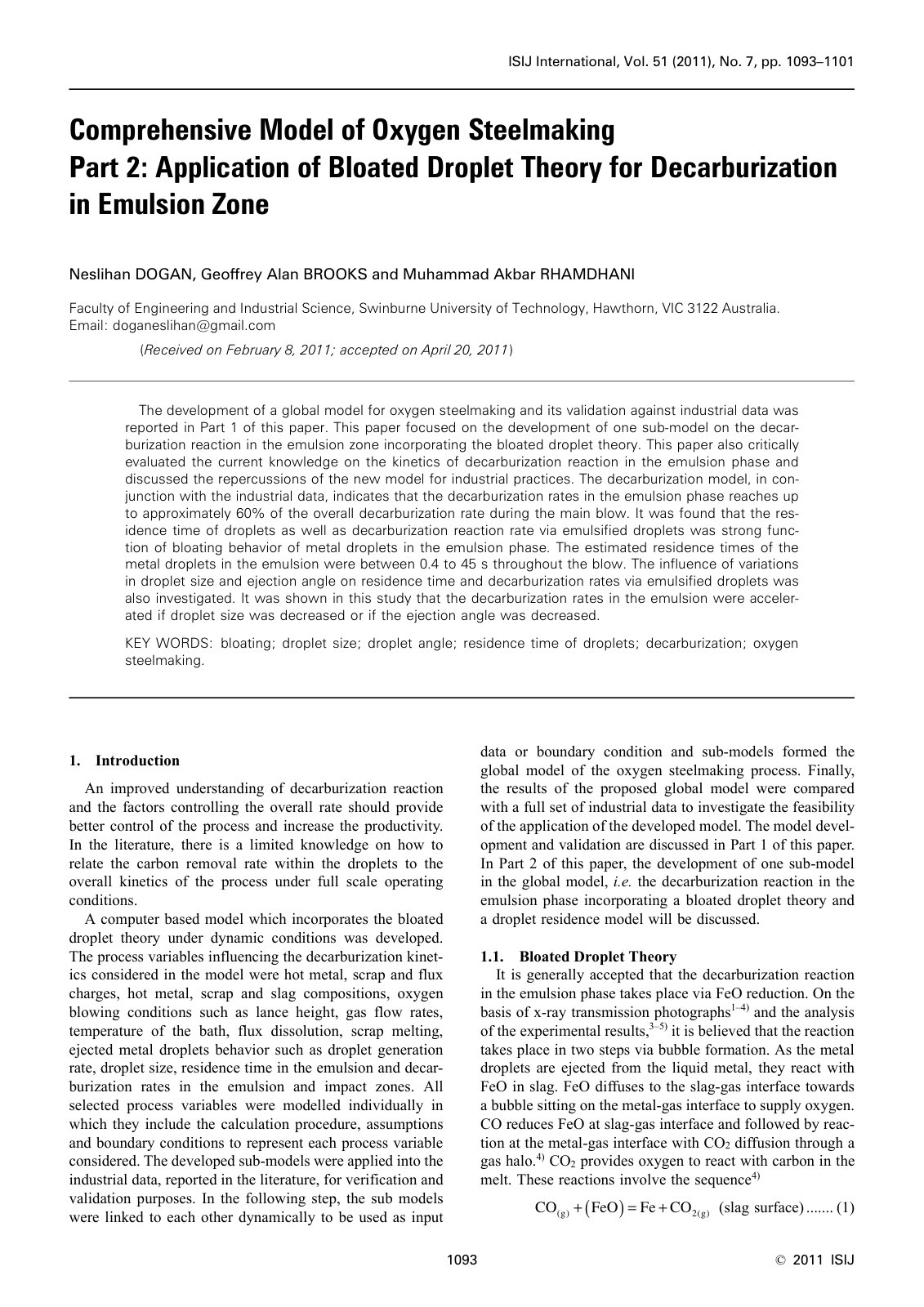 First page of 050 Comprehensive Model of Oxygen Steelmaking Part 2 Application of Bloated Droplet Theory for Decarburization in Emuls