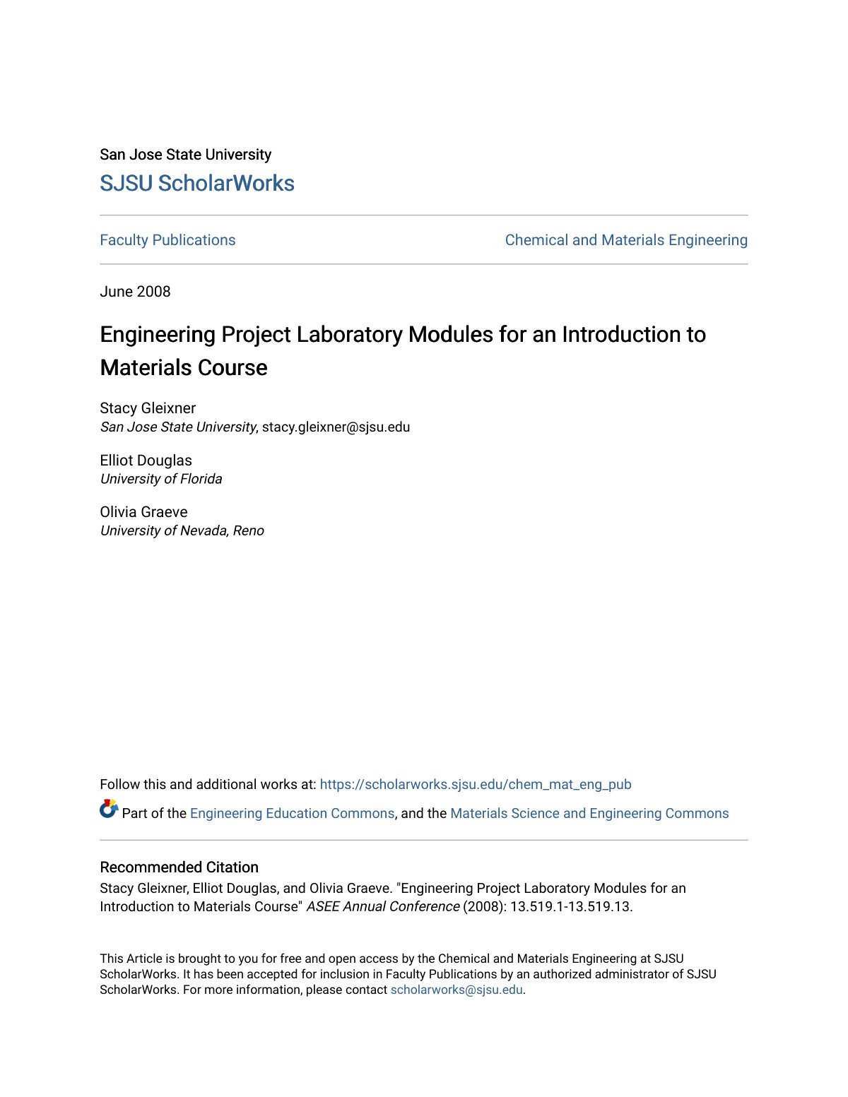 First page of Engineering Project Laboratory Modules for an Introduction to Materials Course