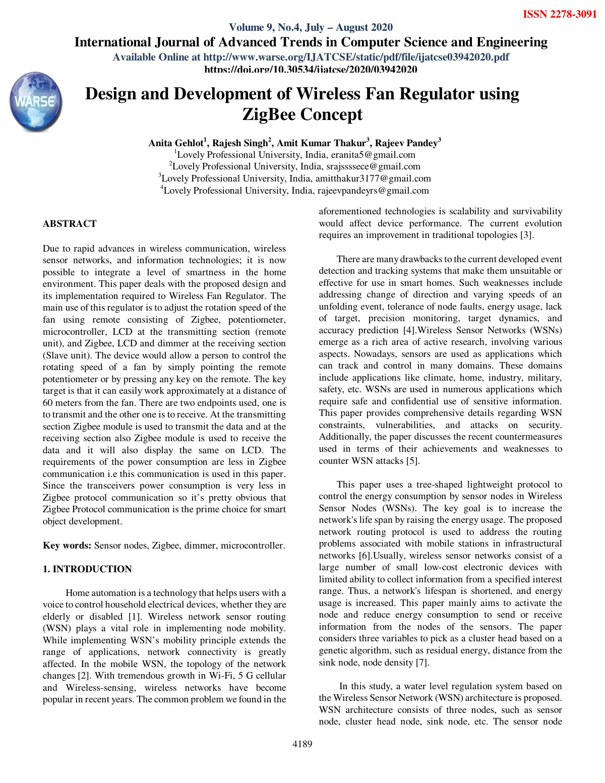 First page of Design and Development of Wireless Fan R