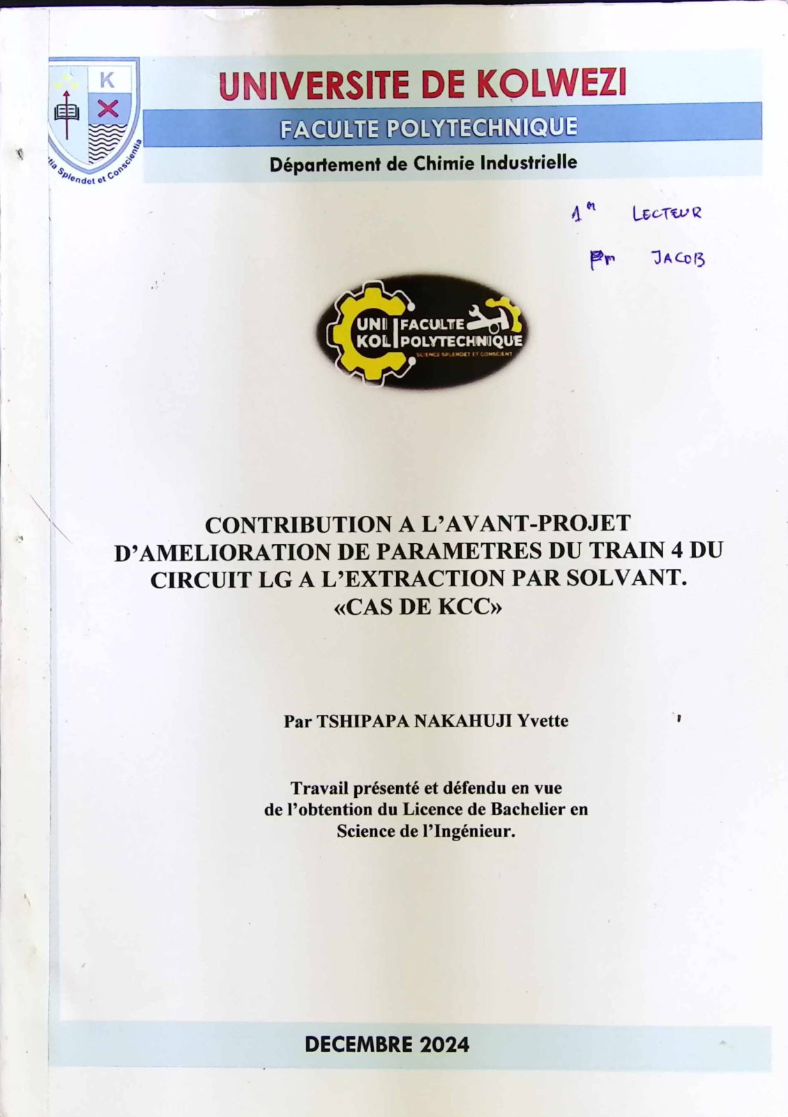 First page of CONTRIBUTION A L’AVANT-PROJET D’AMELIORATION DE PARAMETRES DU TRAIN 4 DU CIRCUIT LG A L’EXTRACTION PAR SOLVANT. «CAS DE KCC»