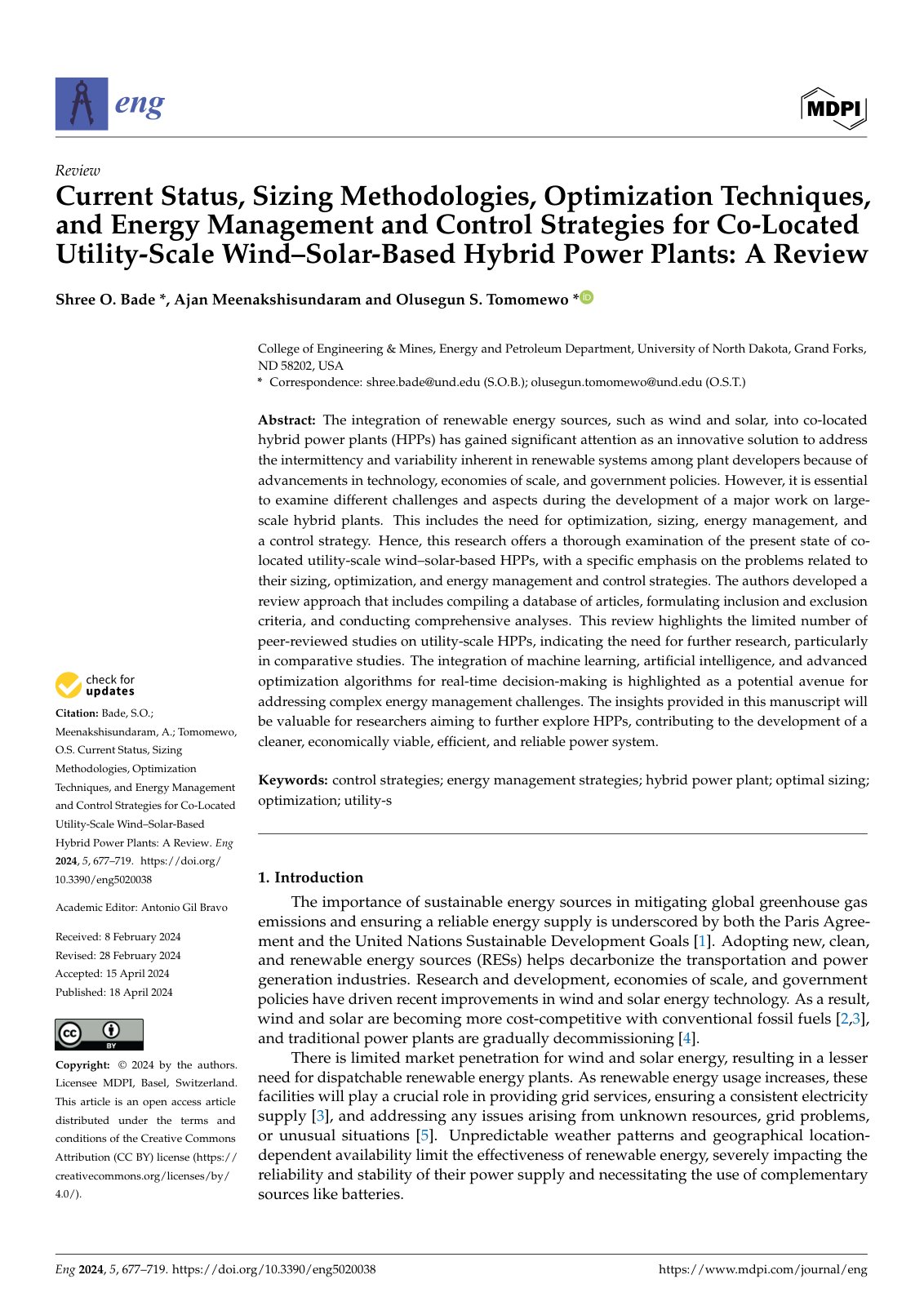 First page of Current Status, Sizing Methodologies, Optimization Techniques, and Energy Management and Control Strategies for Co-Located Utility-Scale Wind–Solar-Based Hybrid Power Plants: A Review
