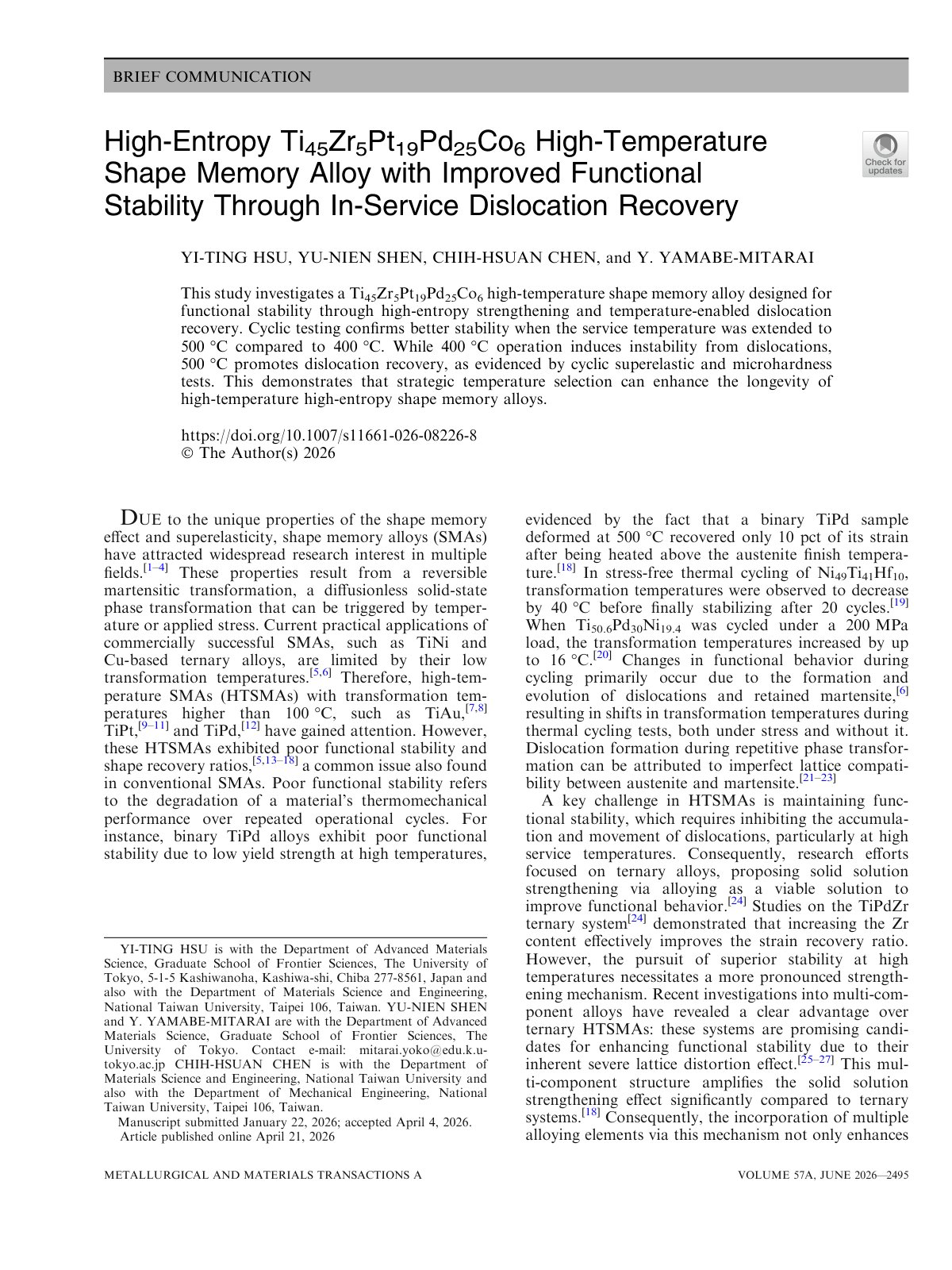 First page of High-Entropy Ti 45Zr5Pt19Pd25Co6 High-Temperature Shape Memory Alloy with Improved Functional Stability Through In-Service Dislocation Recovery