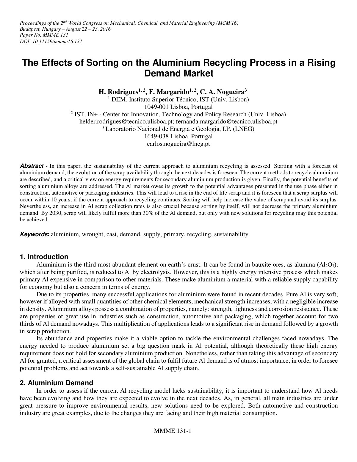 First page of The Effects of Sorting on the Aluminium Recycling Process in a Rising Demand Market