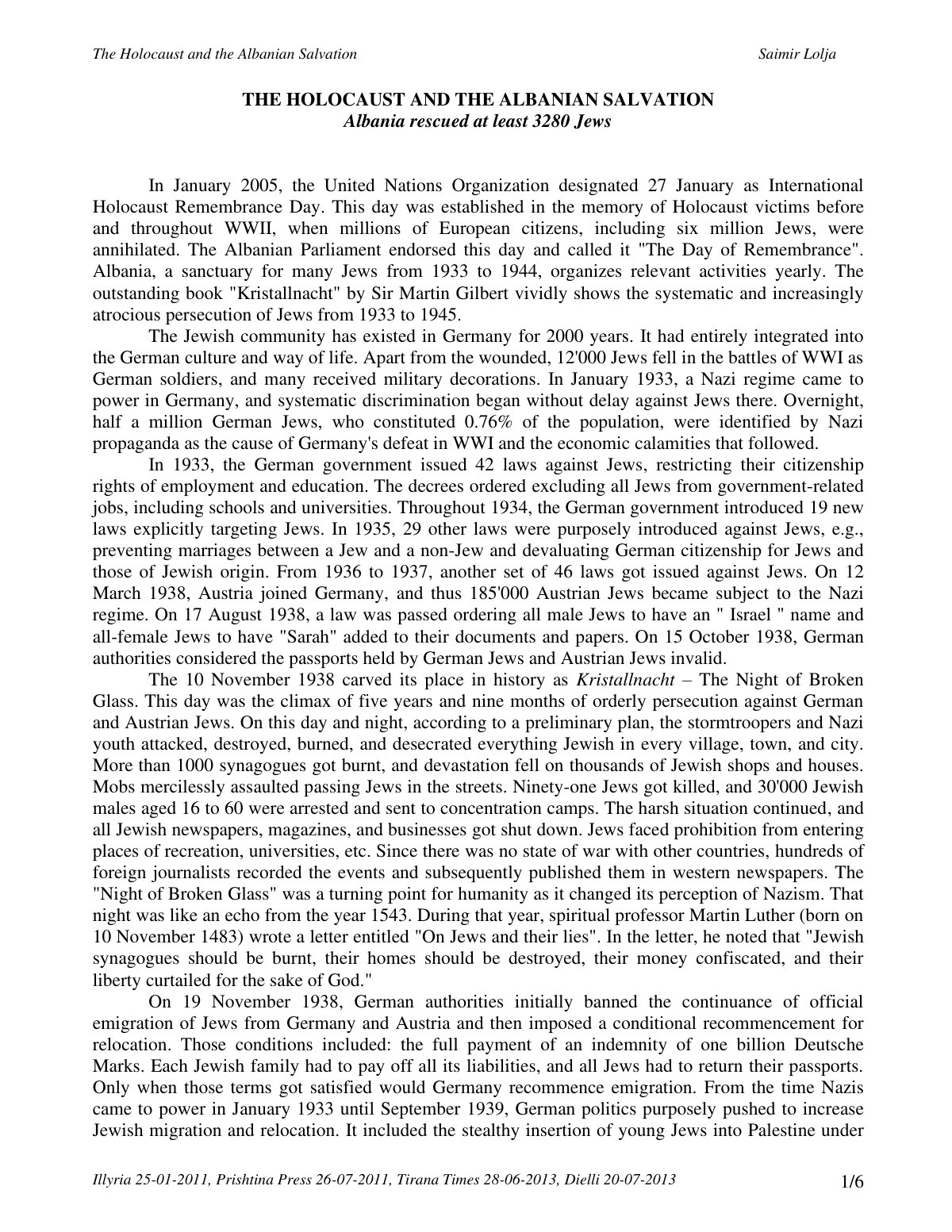 First page of THE HOLOCAUST AND THE ALBANIAN SALVATION