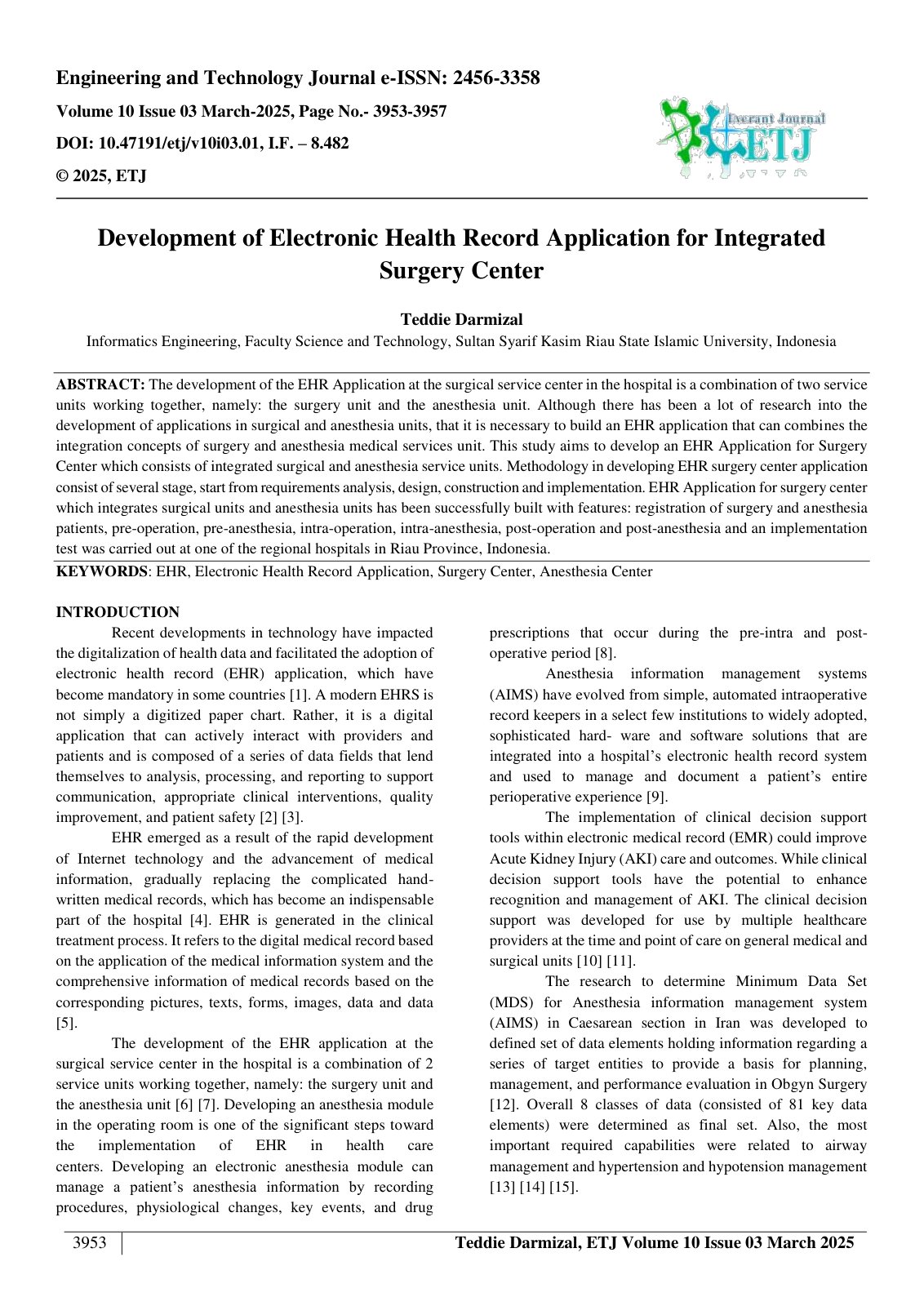 First page of Development of Electronic Health Record Application for Integrated  Surgery Center  