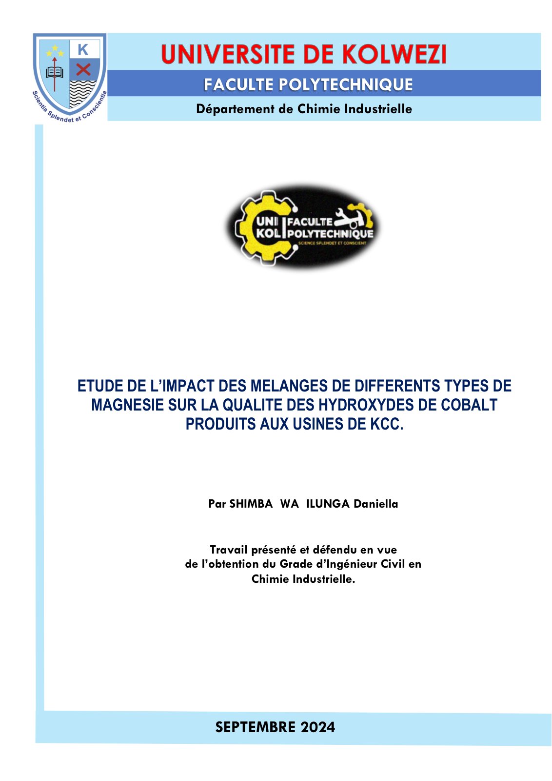 First page of ETUDE DE L’IMPACT DES MELANGES DE DIFFERENTS TYPES DE MAGNESIE SUR LA QUALITE DES HYDROXYDES DE COBALT PRODUITS AUX USINES DE KCC.