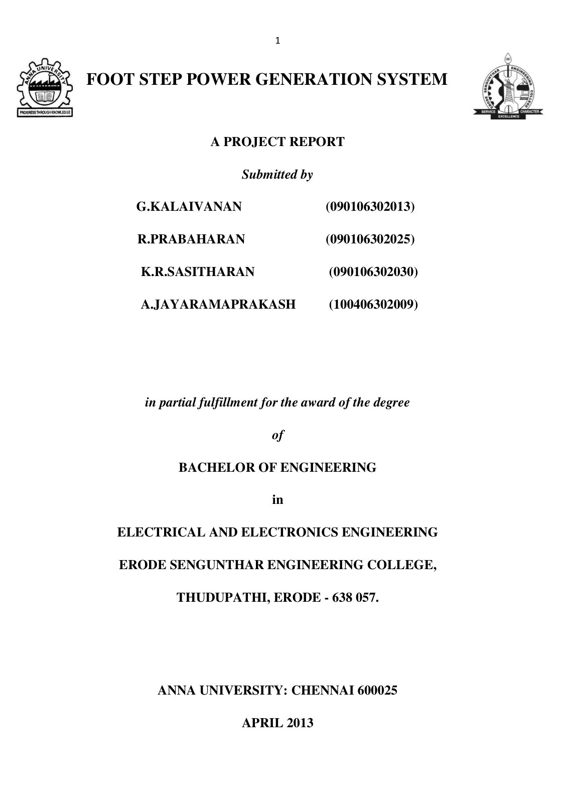 First page of FOOT STEP POWER GENERATION SYSTEM