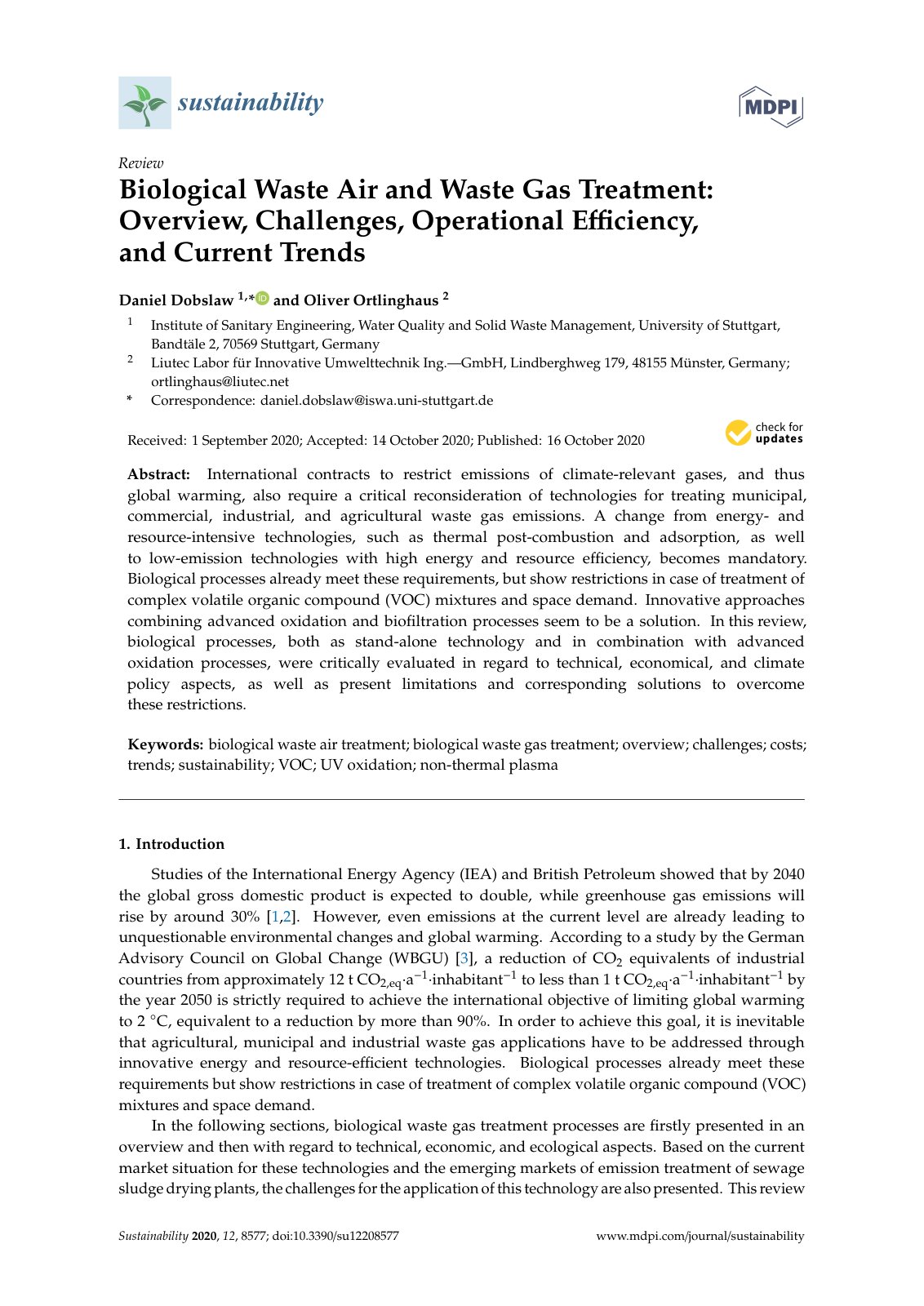 First page of Biological Waste Air and Waste Gas Treatment: Overview, Challenges, Operational Efficiency, and Current Trends
