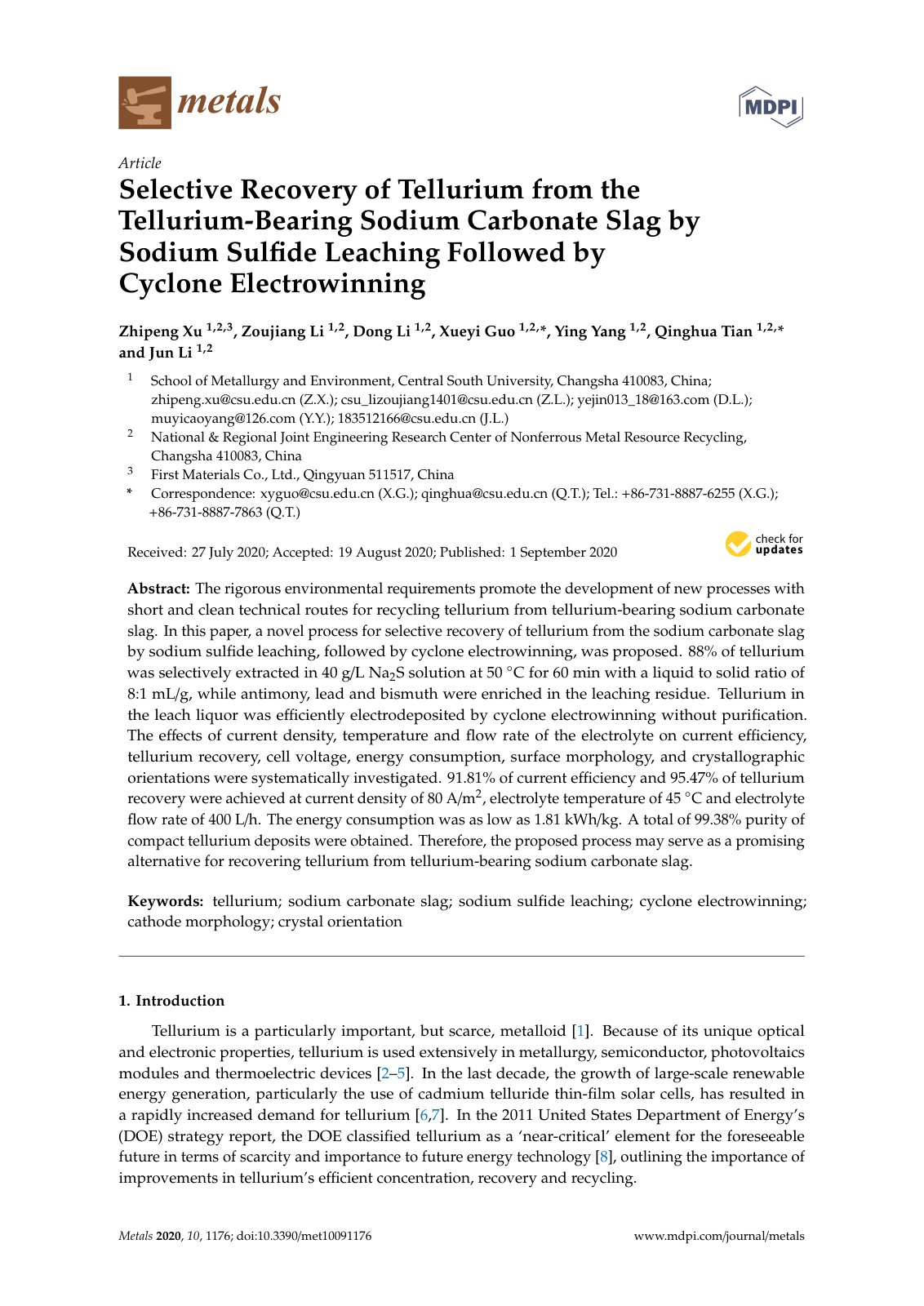First page of Selective Recovery of Tellurium from the Tellurium-Bearing Sodium Carbonate Slag by Sodium Sulﬁde Leaching Followed by Cyclone Electrowinning