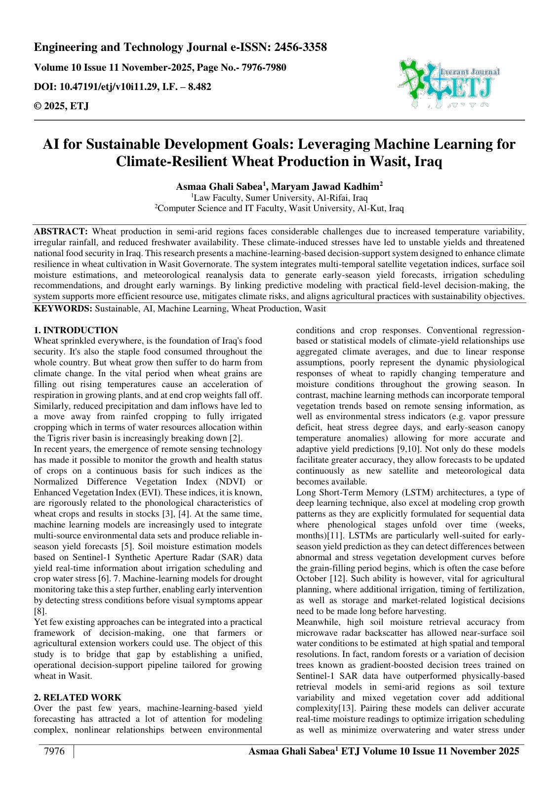 First page of AI for Sustainable Development Goals: Leveraging Machine Learning for Climate-Resilient Wheat Production in Wasit, Iraq