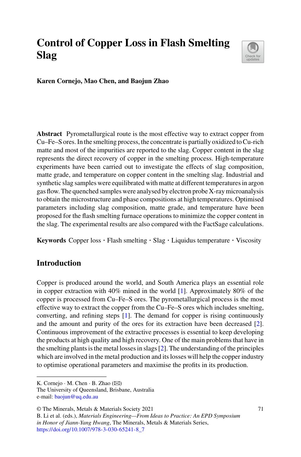 First page of Control of Copper Loss in Flash Smelting