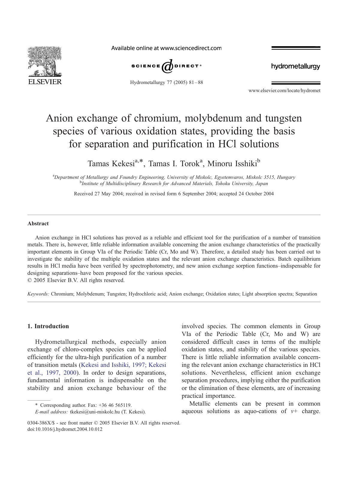 First page of Anion exchange of chromium, molybdenum and tungsten species of various oxidation states, providing the basis for separation and purification in HCl solutions