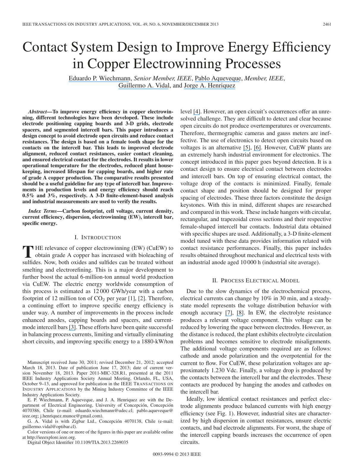 First page of Contact System Design to Improve Energy Efﬁciency in Copper Electrowinning Processes