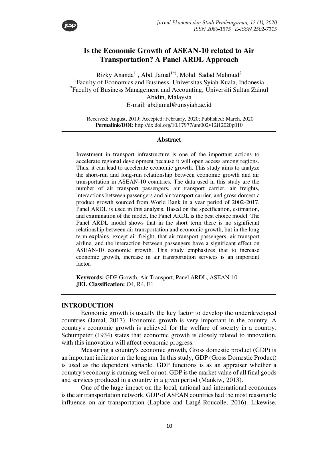First page of Is the Economic Growth of ASEAN 10 relat