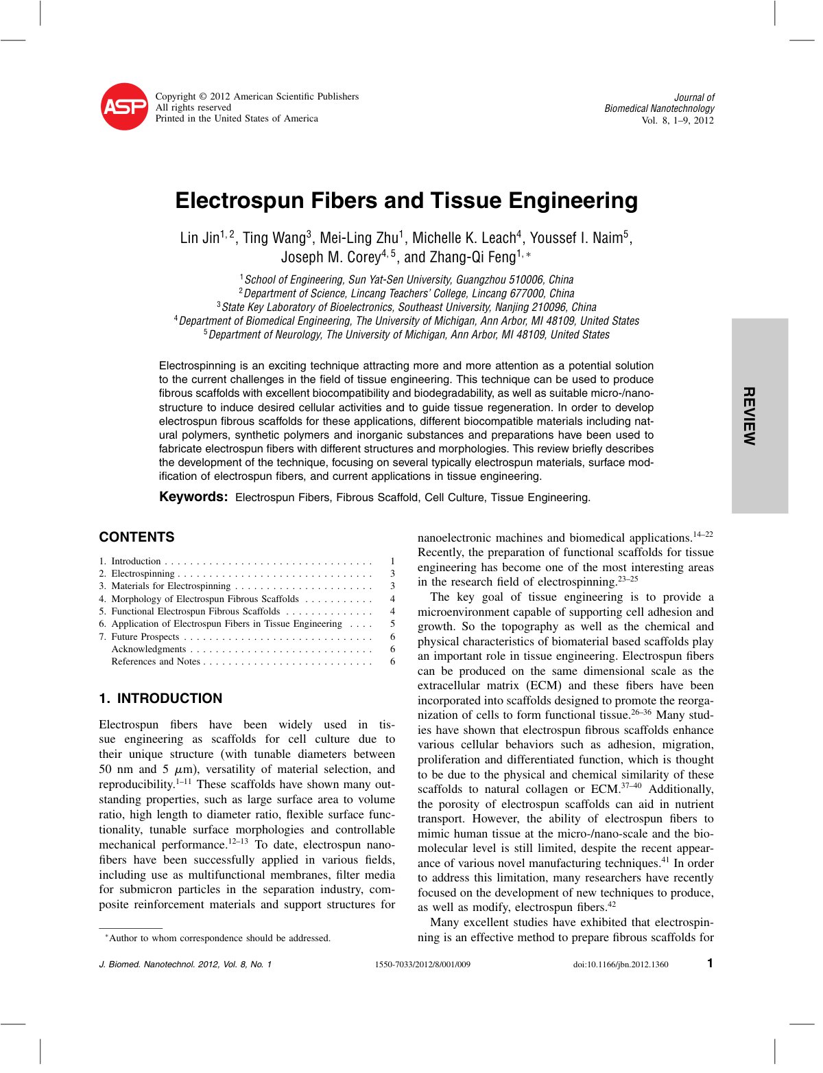 First page of Electrospun Fibers and Tissue Engineerin