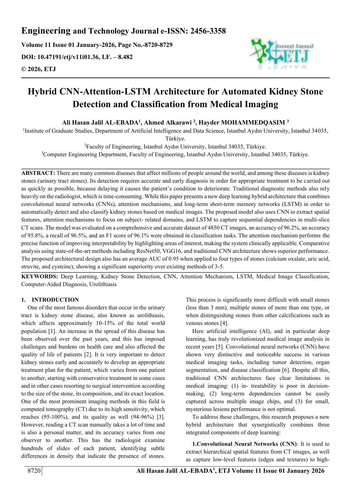 First page of Hybrid CNN-Attention-LSTM Architecture for Automated Kidney Stone  Detection and Classification from Medical Imaging  