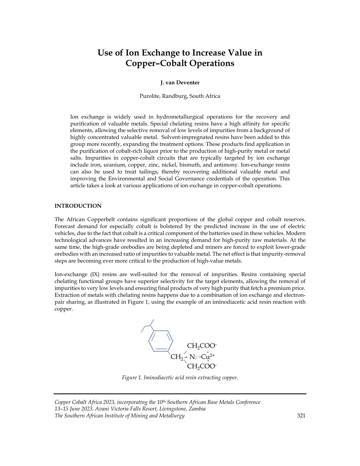 First page of Use of Ion Exchange to Increase Value in Copper–Cobalt Operations