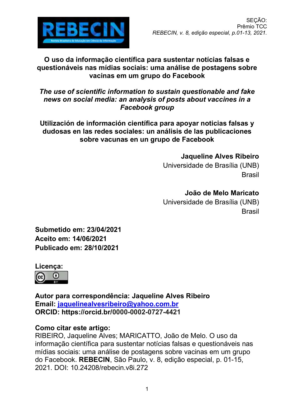 First page of O uso da informação científica para sustentar notícias falsas e questionáveis nas mídias sociais: uma análise de postagens sobre vacinas em um grupo do Facebook
