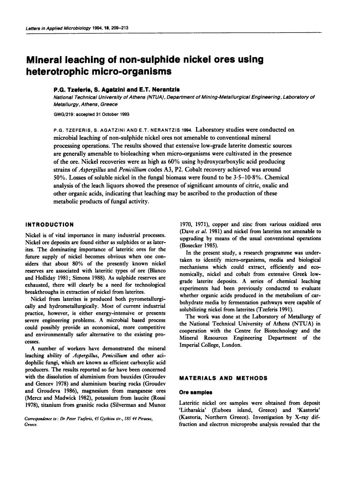 First page of P G Tzeferis S Agatzini and E T Nerantzi