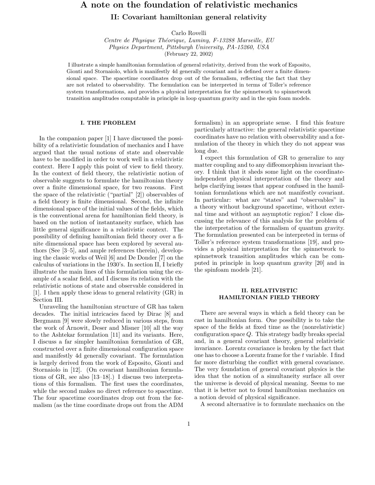 First page of A note on the foundation of relativistic