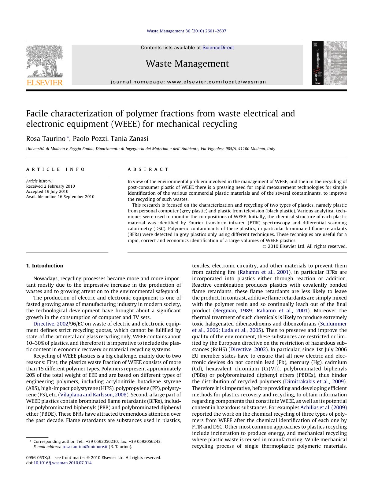 First page of Facile characterization of polymer fractions from waste electr 2010 Waste Ma