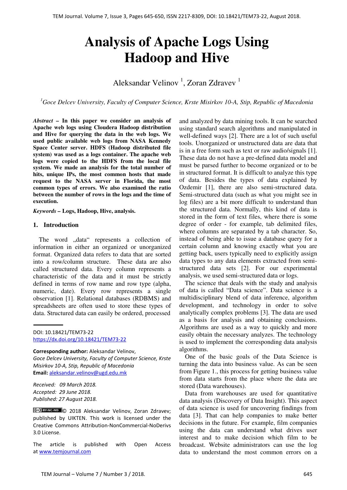 First page of Analysis of Apache Logs Using Hadoop and Hive
