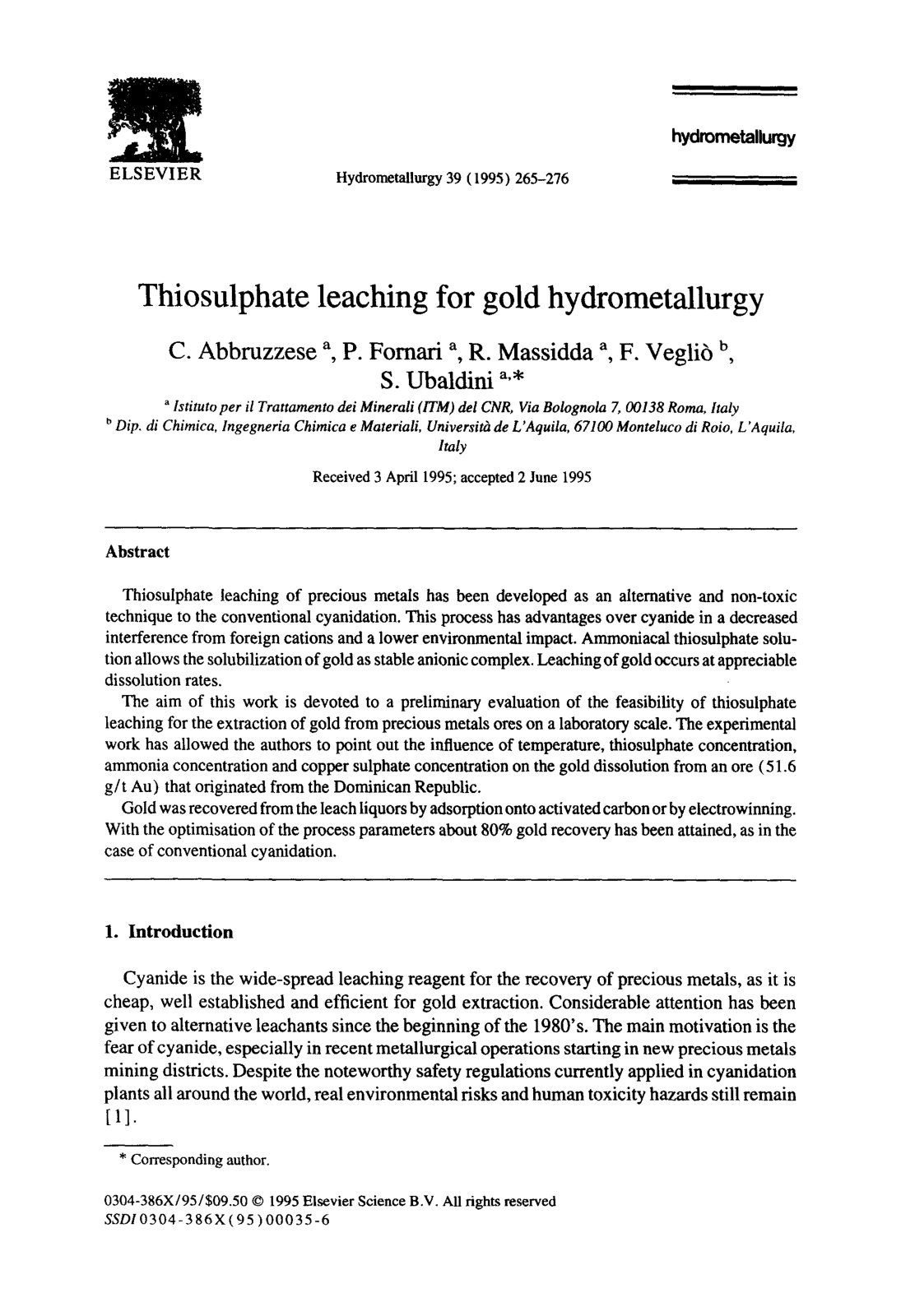 First page of Thiosulphate leaching for gold hydrometa