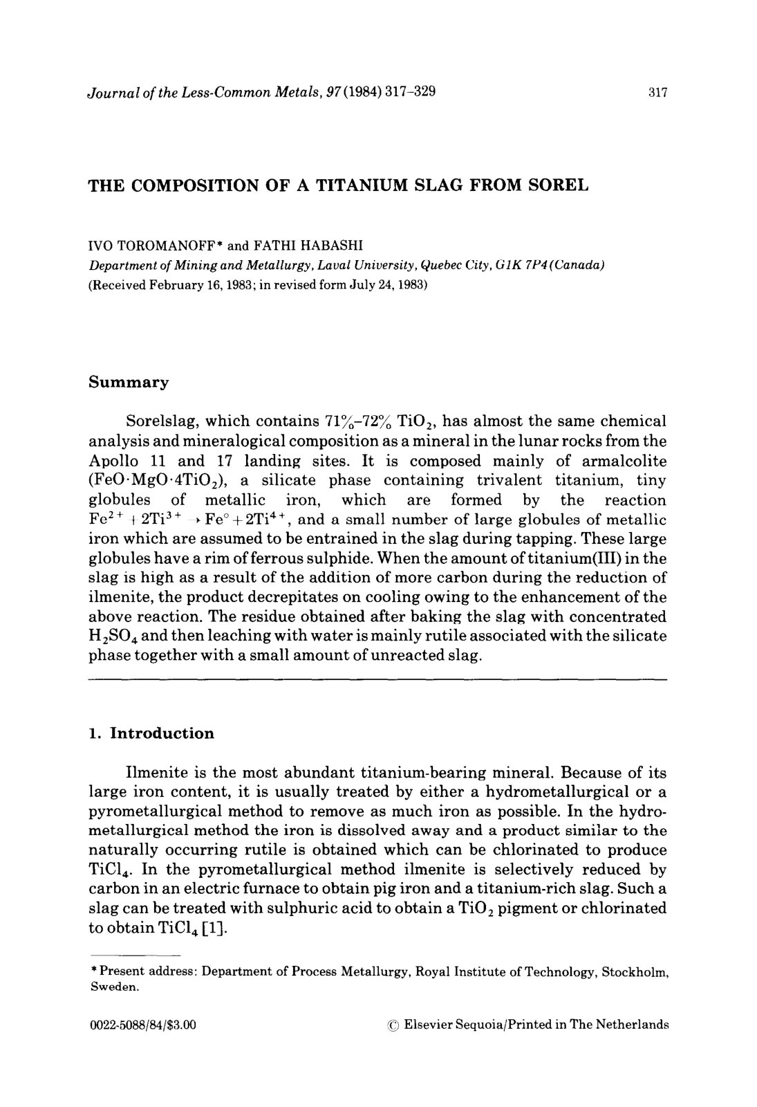First page of The Composition of a Titanium Slag From