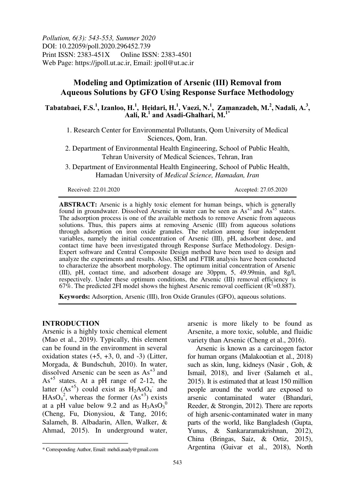 First page of Modeling and Optimization of Arsenic III