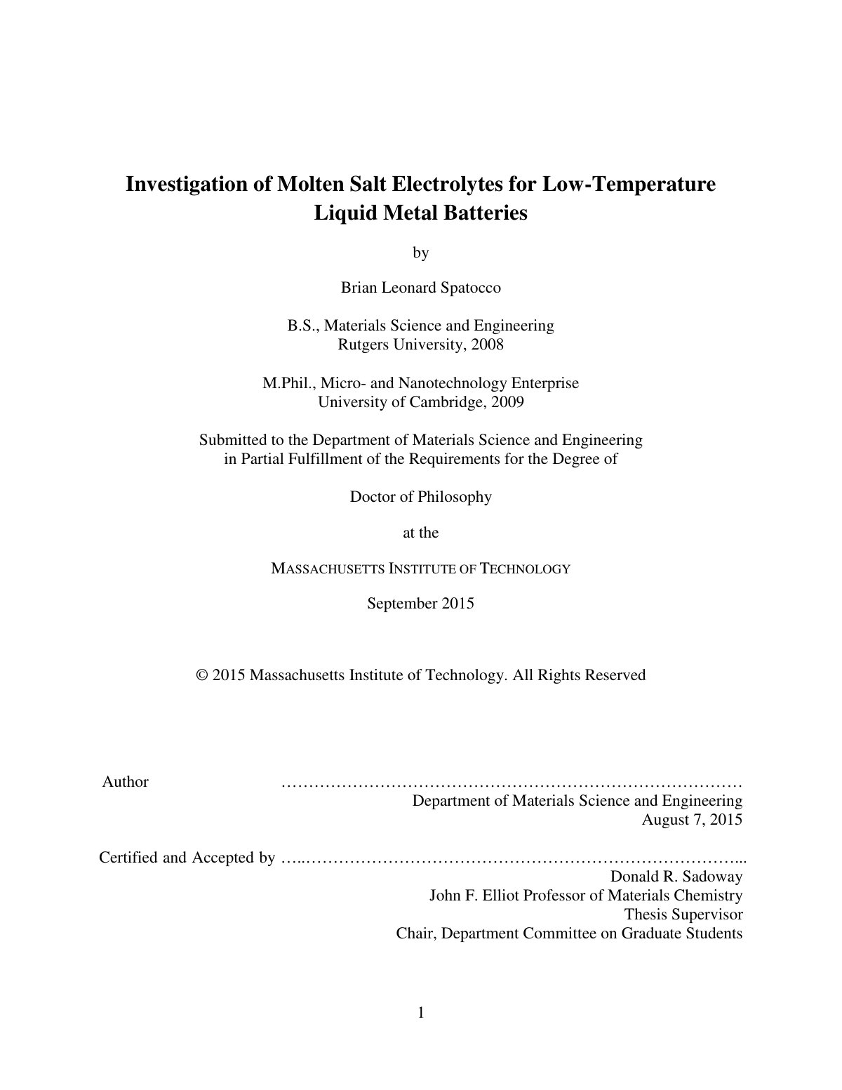 First page of Investigation of Molten Salt Electrolytes for Low-Temperature Liquid Metal Batteries